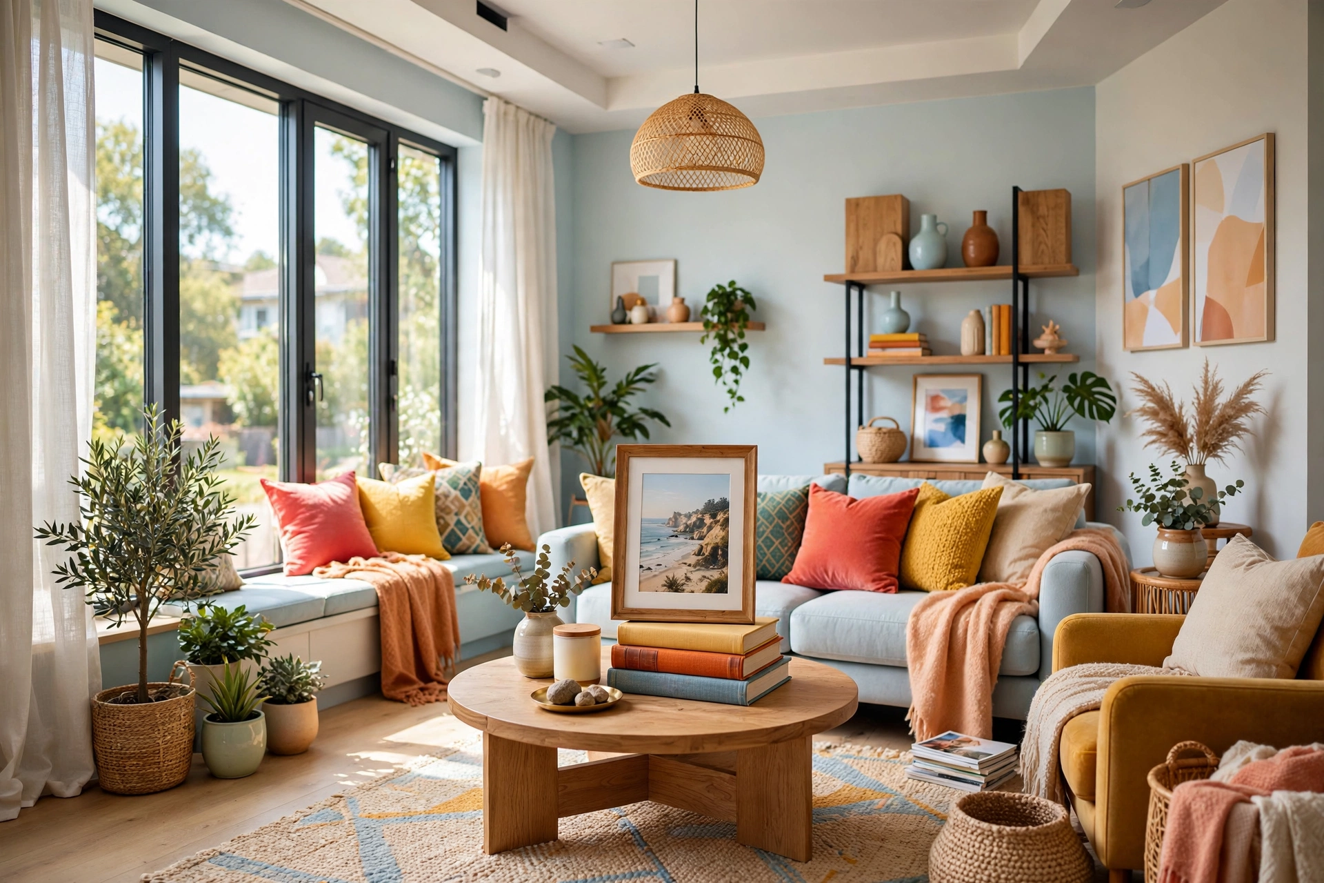 Bright living room coffee table with a personal framed photo displayed on top of a book stack