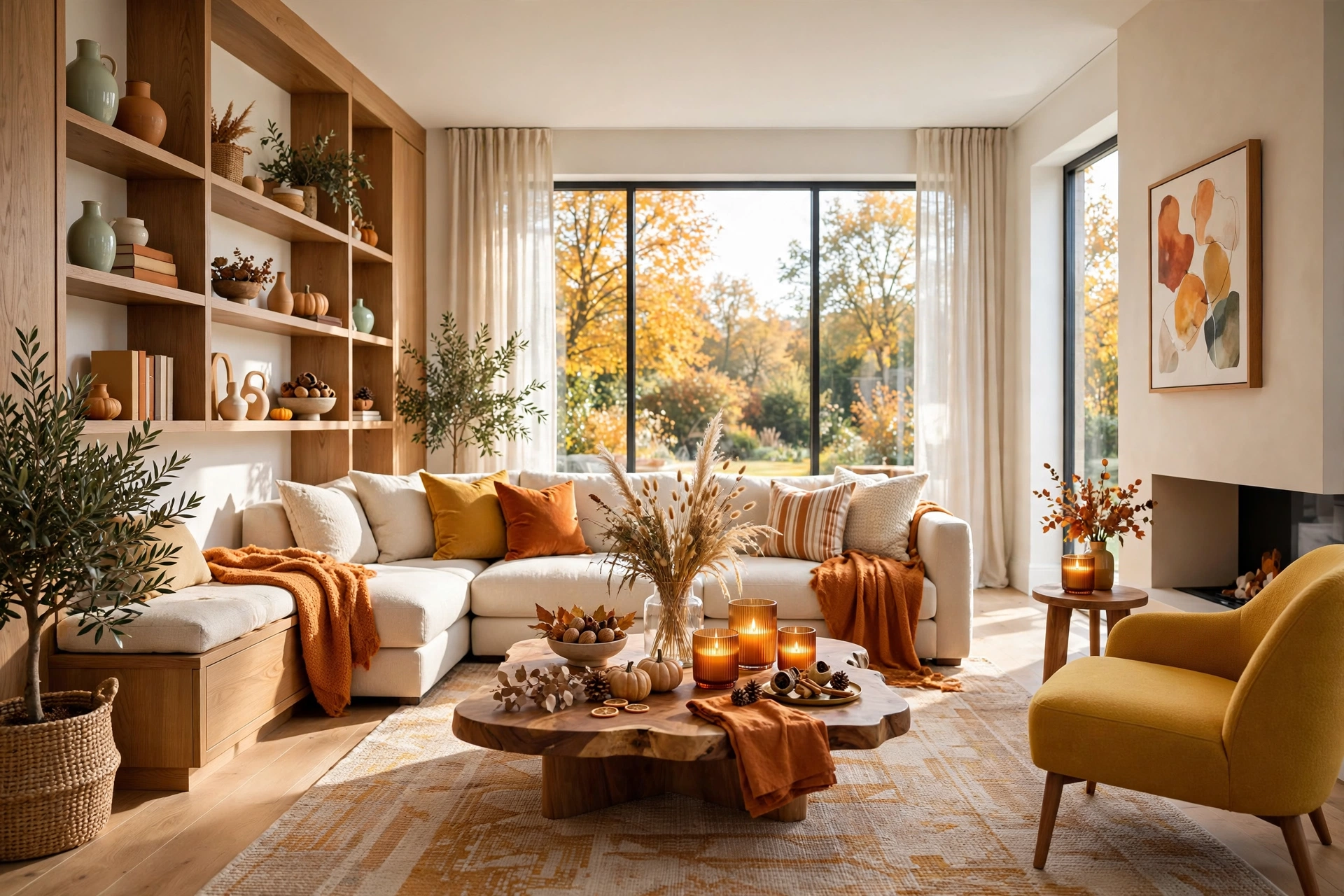 Bright living room coffee table with autumn seasonal accents of dried grasses and amber glass