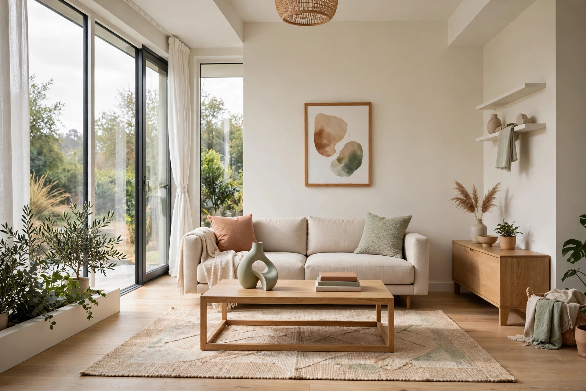 Bright minimalist living room with a clean-lined coffee table styled to match the calm room