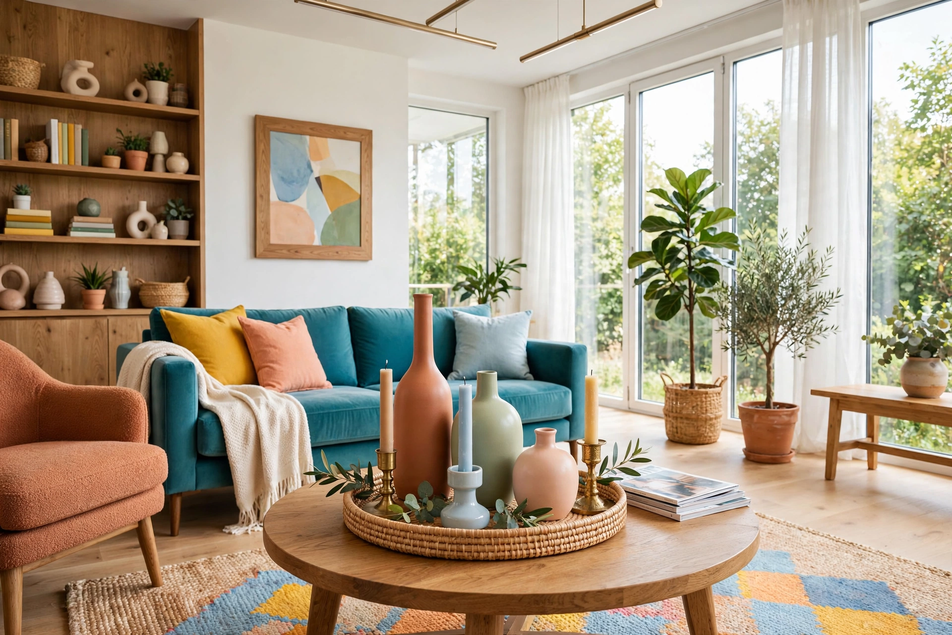 Bright living room coffee table with decor grouped in threes inside a round tray