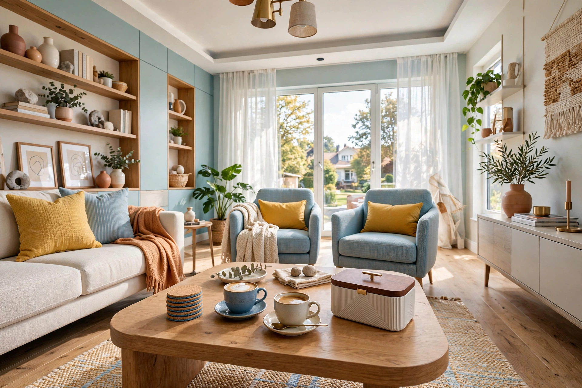 Bright living room coffee table styled with coasters coffee cups and a lidded box for remotes
