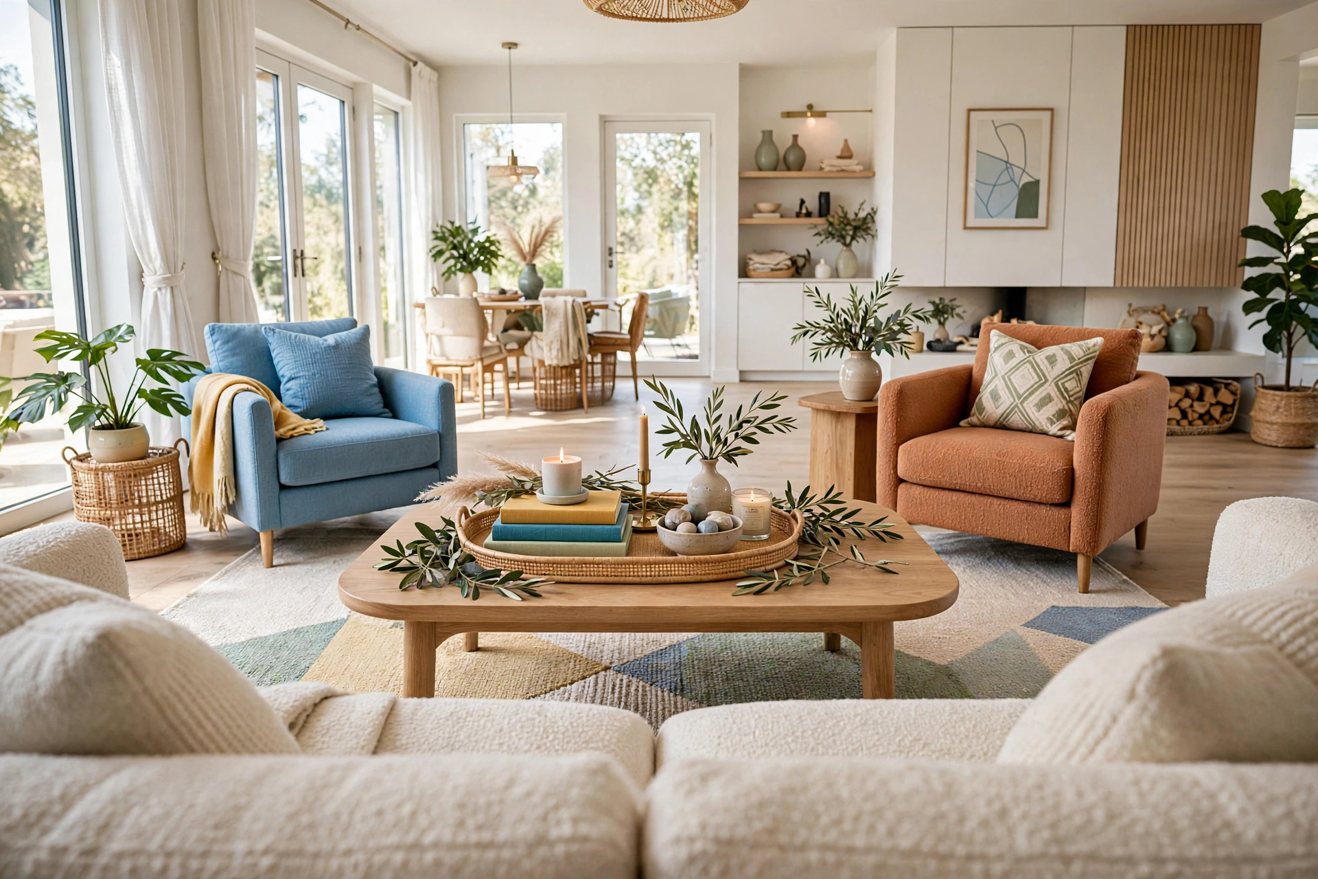 Bright living room with a finished styled coffee table photographed from the sofa viewpoint