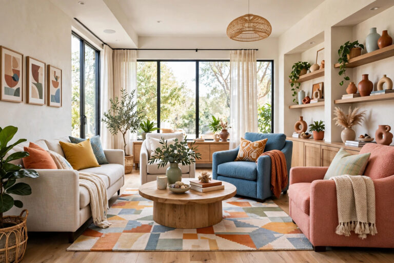 Bright modern living room with a sofa and two armchairs arranged facing each other around a coffee table, entire room visible wall to wall