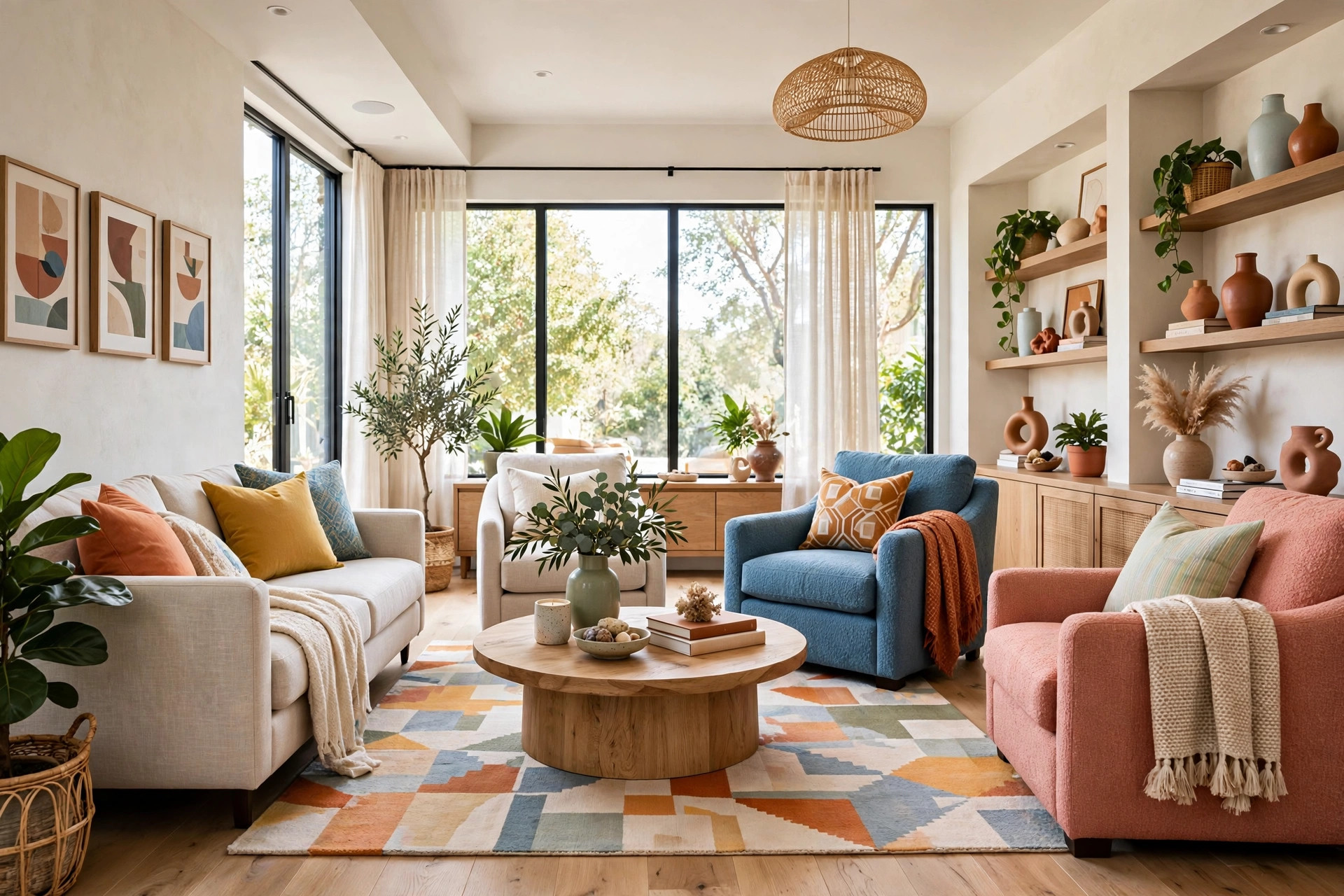 Bright modern living room with a sofa and two armchairs arranged facing each other around a coffee table, entire room visible wall to wall