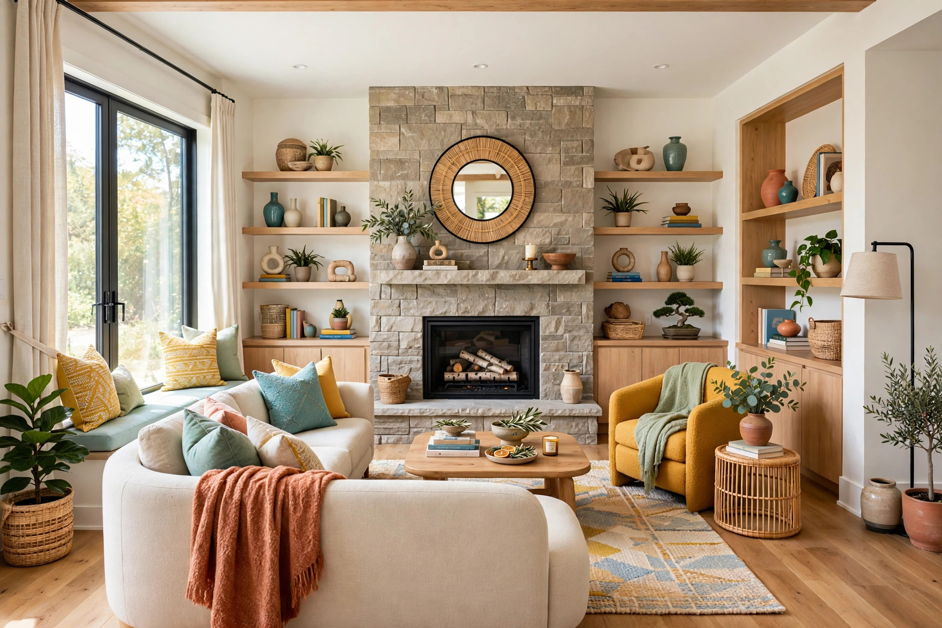 Bright living room with a sofa facing a stone fireplace focal point, wide-angle full room view