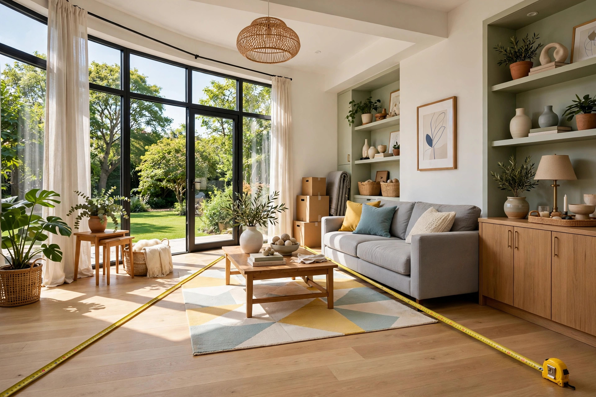 Sunlit living room with a yellow tape measure stretched across the floor near a gray sofa, whole room visible
