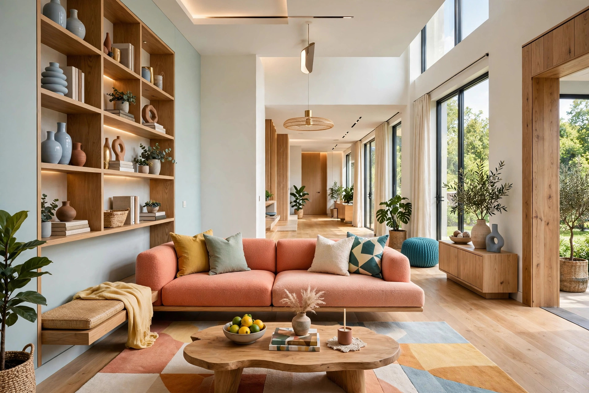 Modern living room with a clear walking path flowing behind a floated sofa, wide-angle full room view