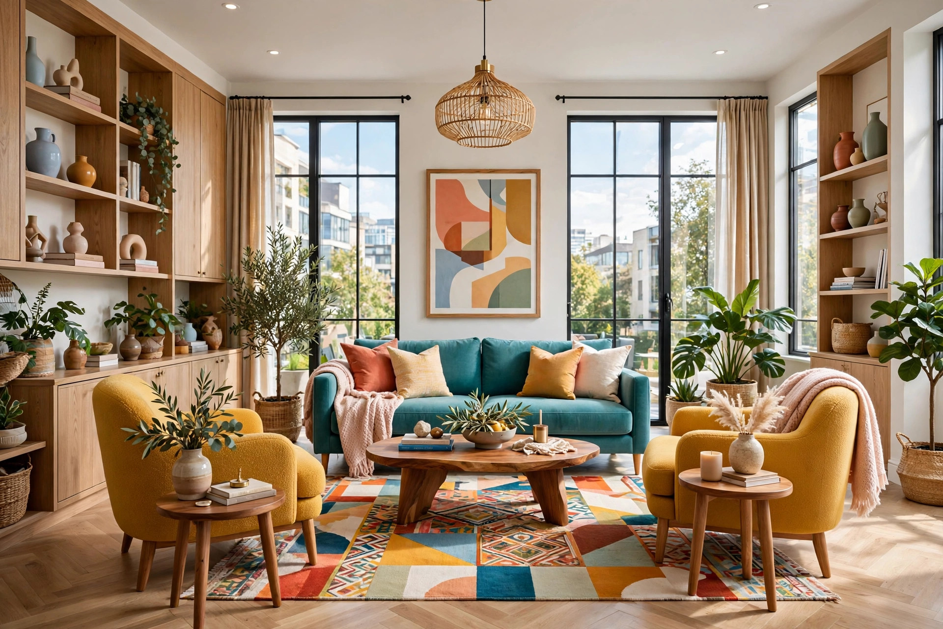 Cozy living room with two armchairs facing a sofa at close conversation distance, entire room visible