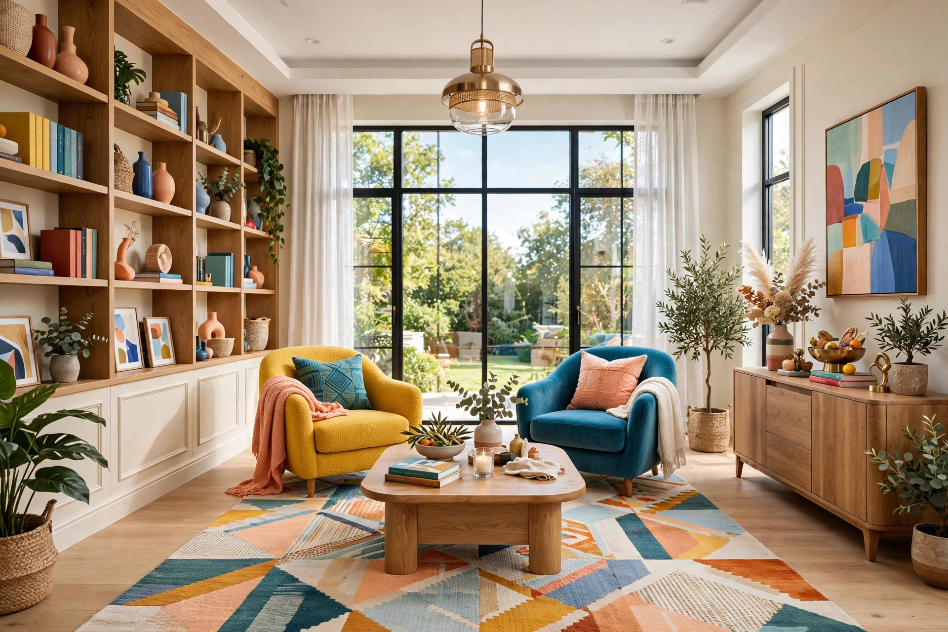 Inviting living room with two accent chairs angled inward toward a central coffee table, wall-to-wall view
