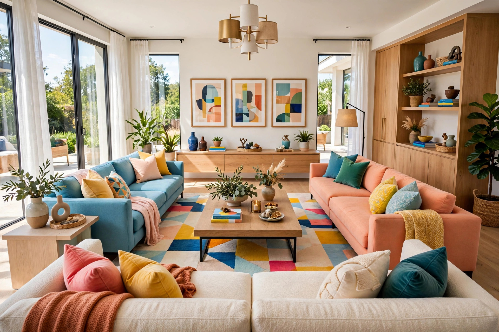 Elegant living room with a U-shaped seating arrangement around a coffee table on a large rug, full room visible