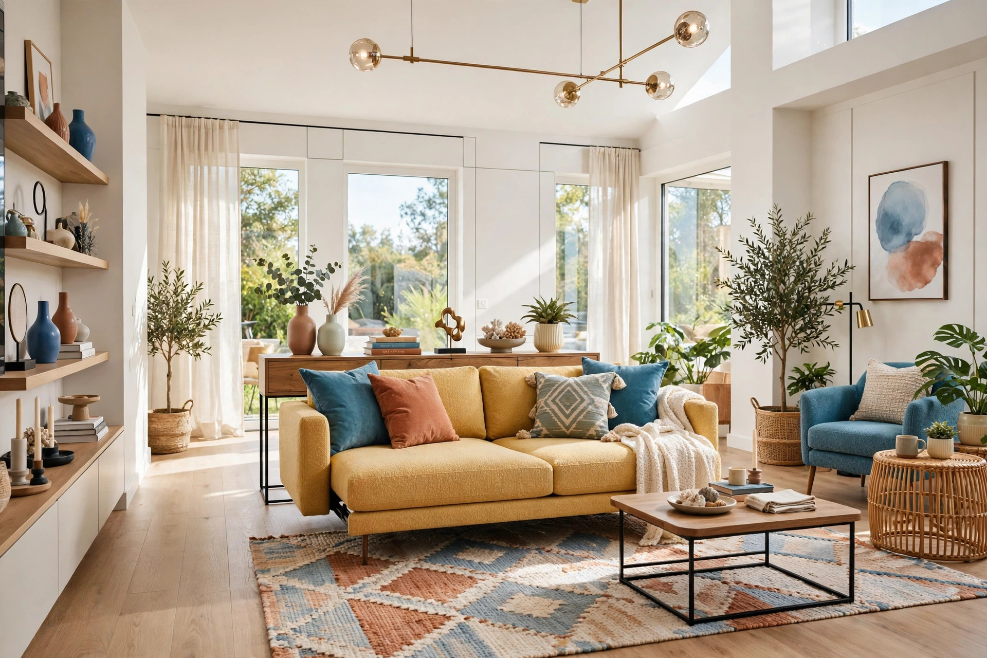 Bright living room with a sofa pulled off the wall and a slim console table behind it, entire room visible