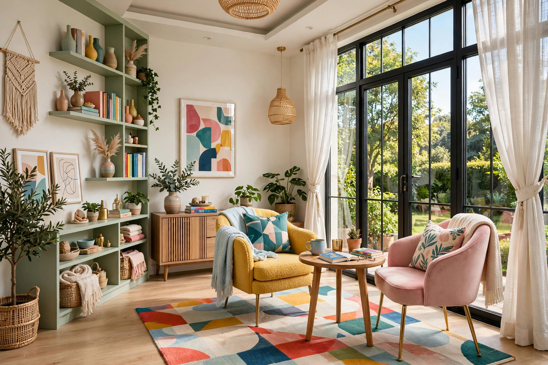 Charming living room corner with two chairs and a small table forming a reading nook by the window, full view