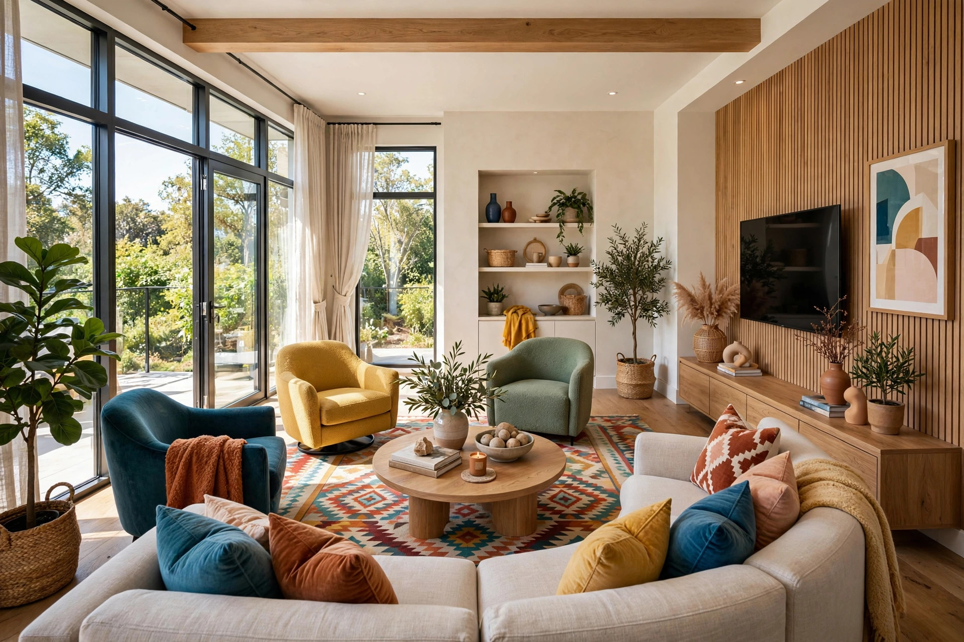 Stylish living room with seating facing inward and a television mounted on the side wall, wide-angle full room view
