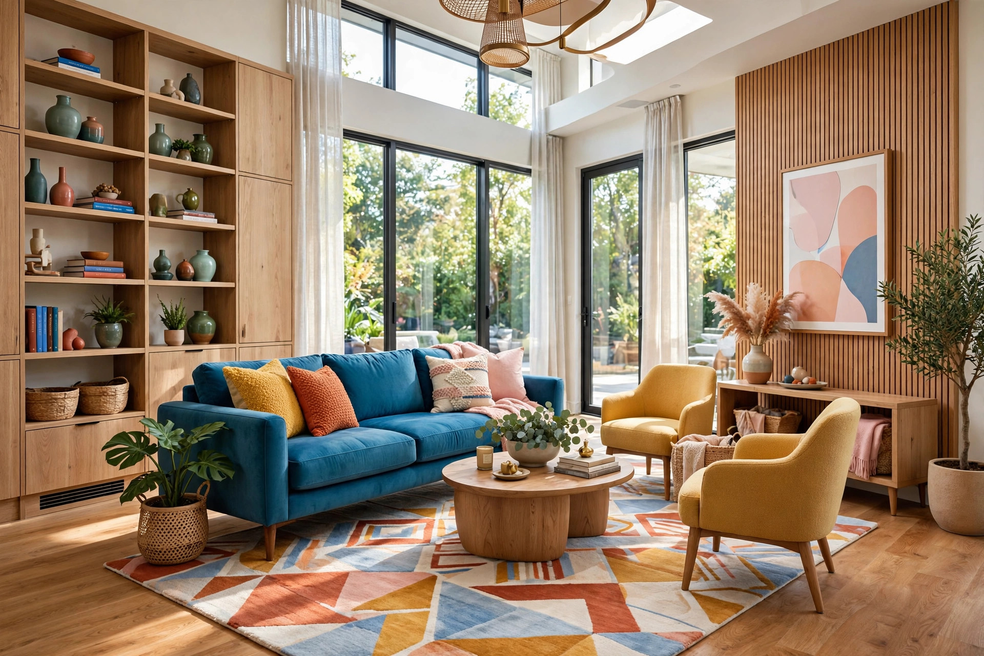 Modern living room with a large area rug anchoring the sofa, chairs, and coffee table as one zone, wall to wall
