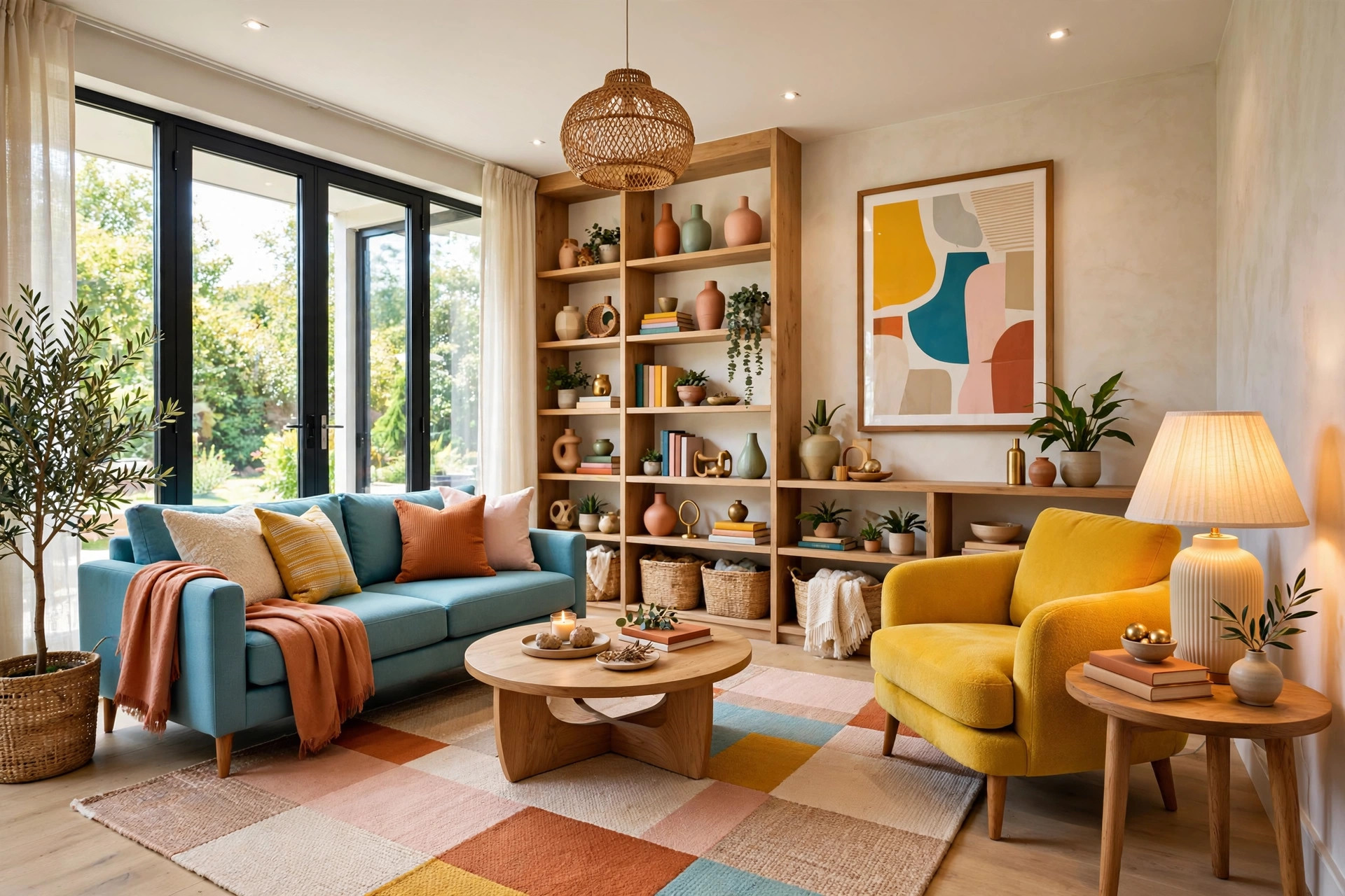 Warm living room with an armchair beside a round side table holding a lamp, entire room visible
