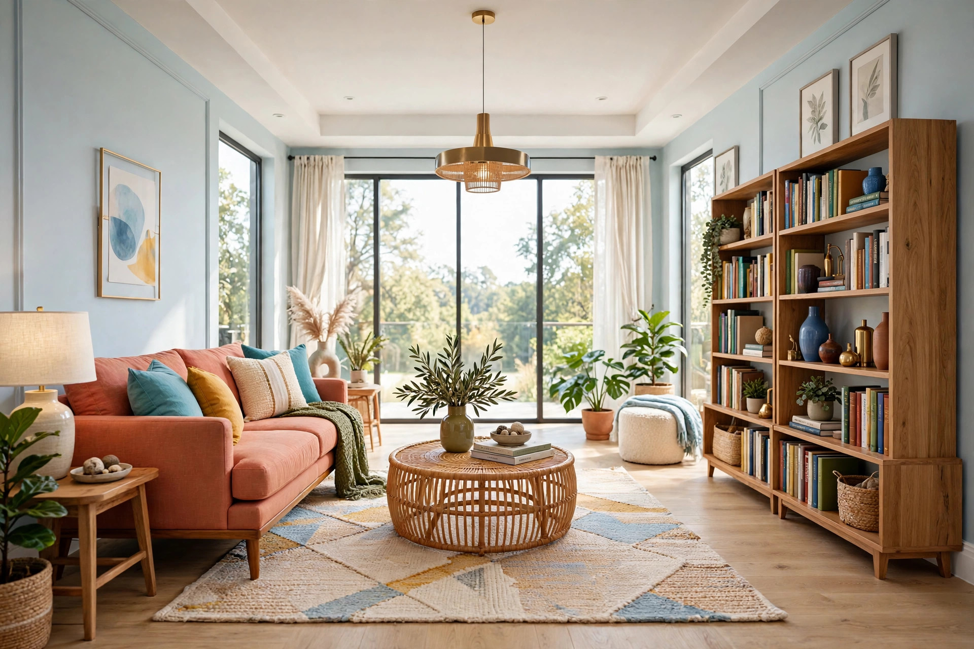 Balanced bright living room with a sofa on one side and a tall bookcase on the opposite diagonal, full view