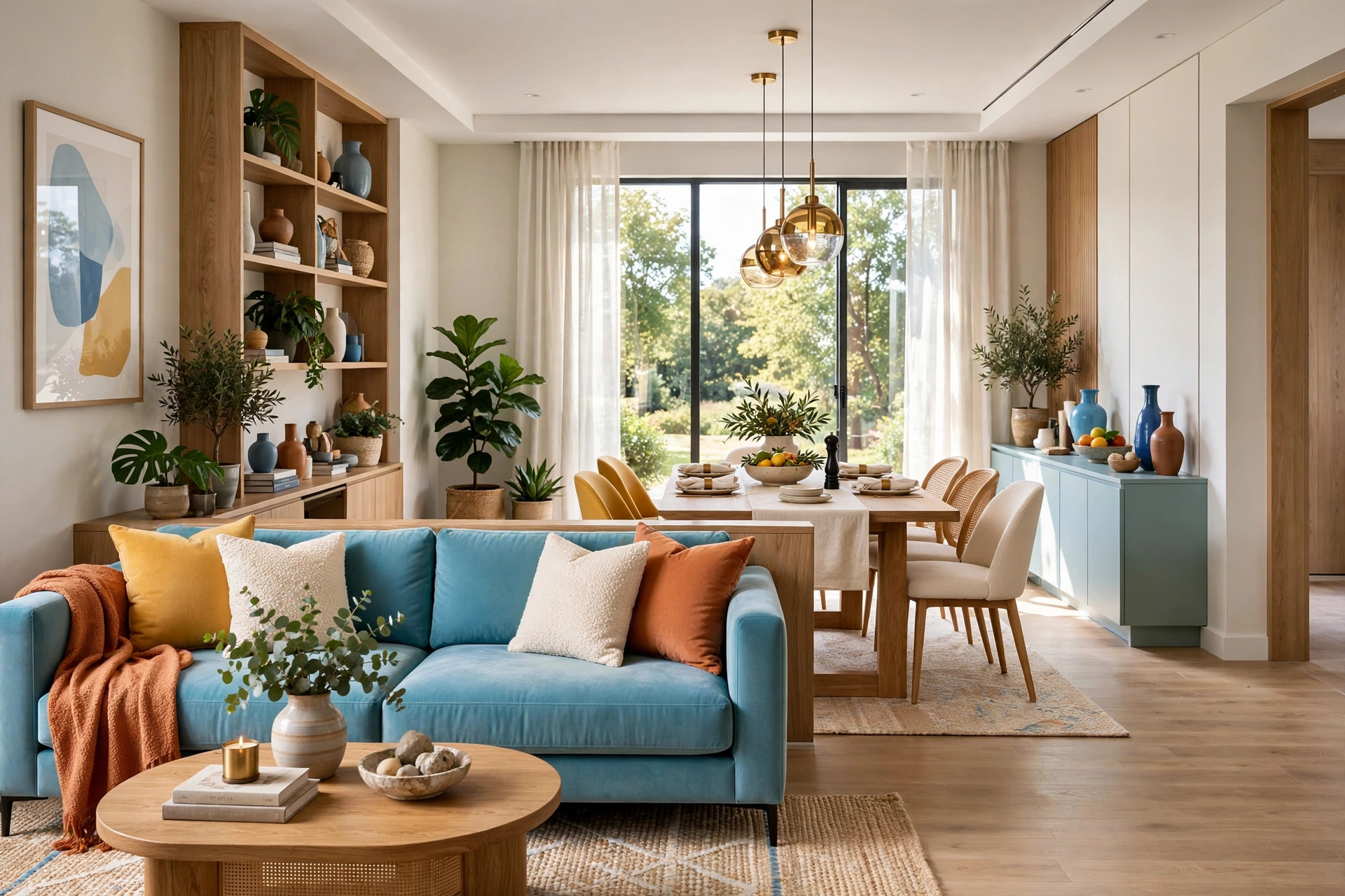 Open-plan living and dining space with a sofa back dividing the lounge zone from the dining table, bright full view