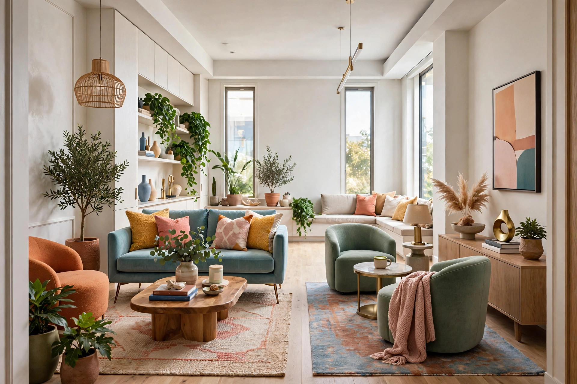 Long narrow living room with furniture arranged across the width in two cozy zones, entire room visible