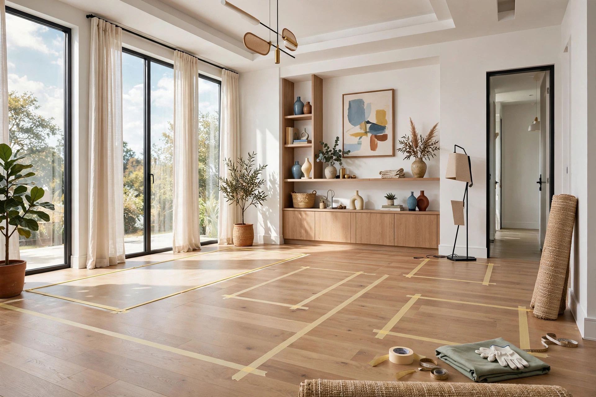 Bright living room floor with painter's tape rectangles outlining furniture placement, full room visible
