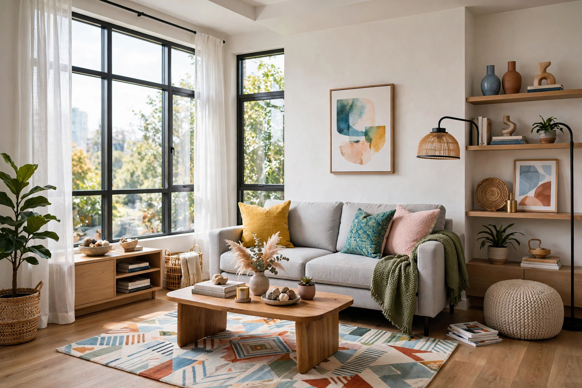 Bright small living room with an apartment-size light gray sofa as the centerpiece, entire room visible wall to wall