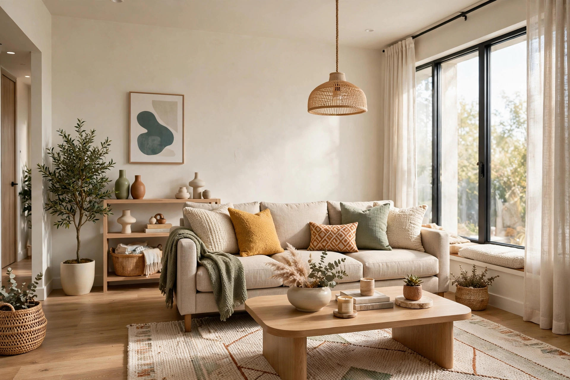 Bright compact living room with a 72-inch apartment-size beige sofa against the wall, wide-angle full room view