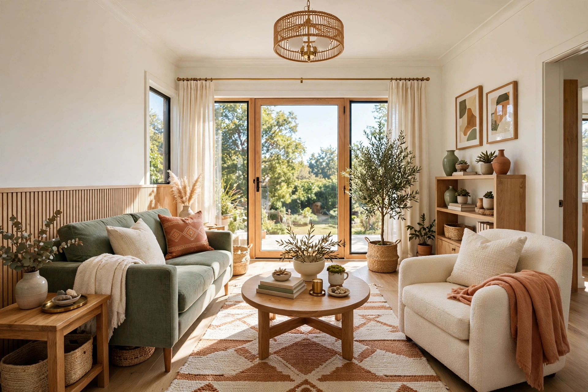 Sunlit small living room with a sage green loveseat paired with a cream armchair, entire room visible