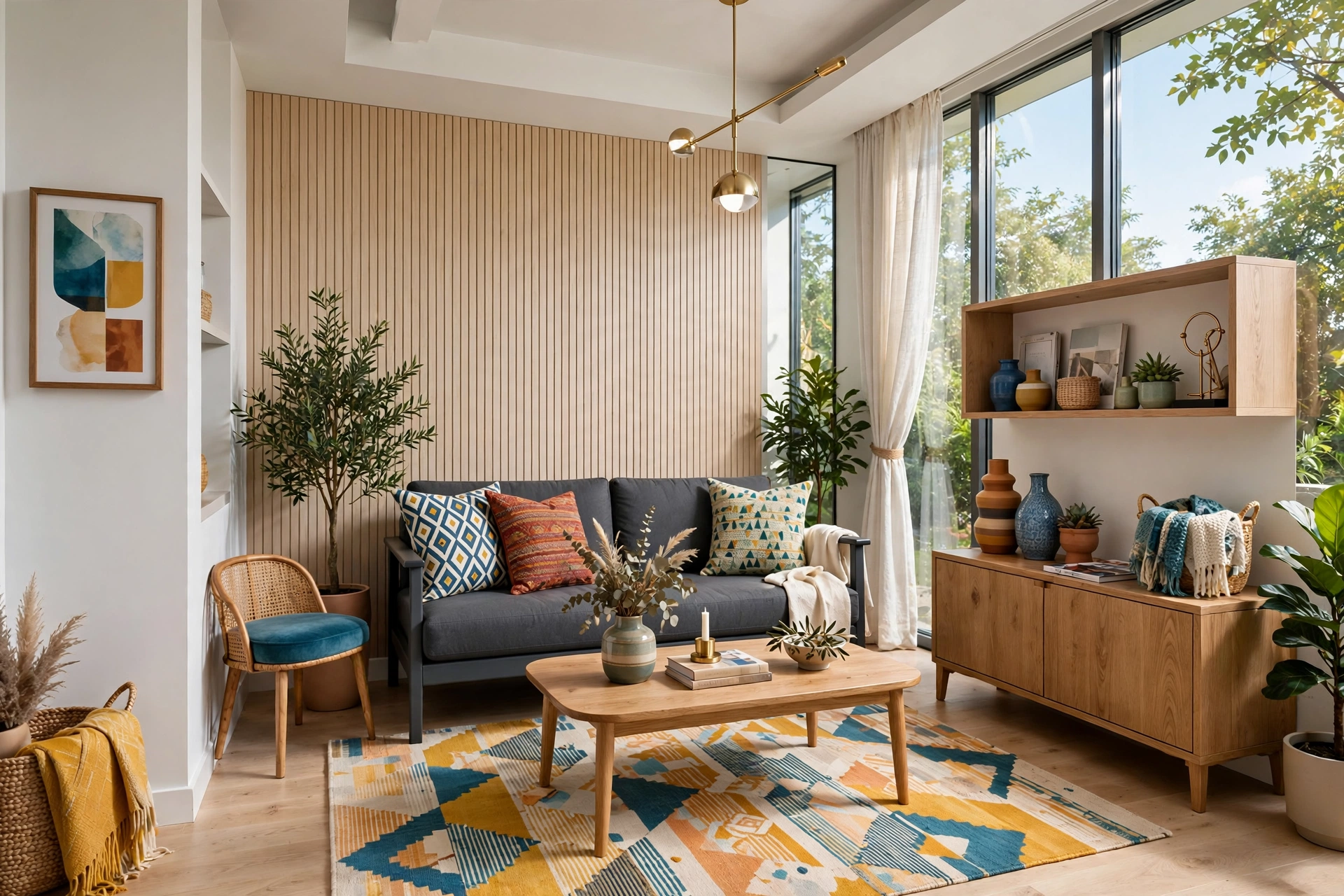 Modern small living room with a slim-arm charcoal sofa maximizing seat width, wall-to-wall view
