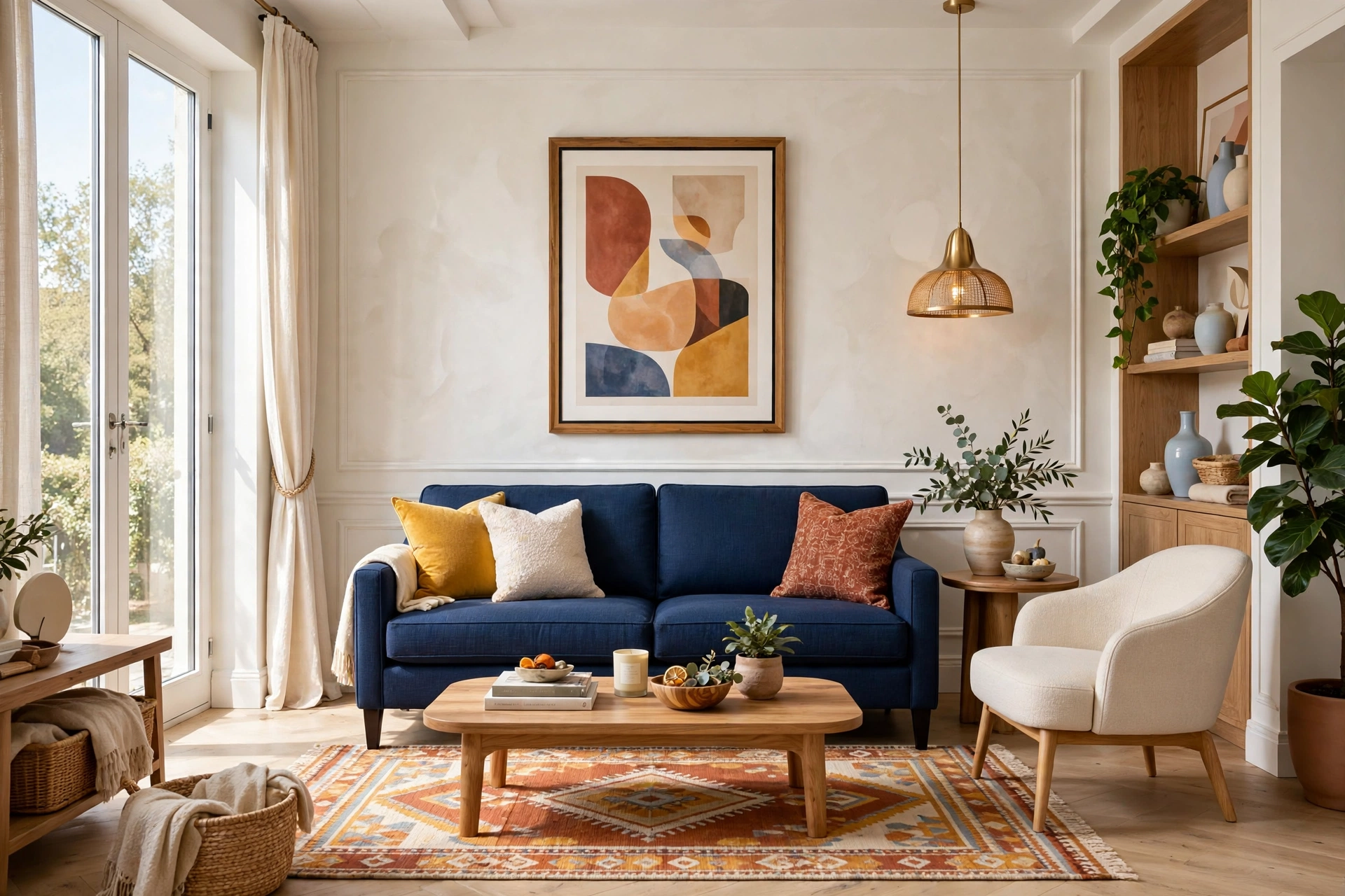 Elegant compact living room with a navy tuxedo-back sofa under a large framed art print, full room visible