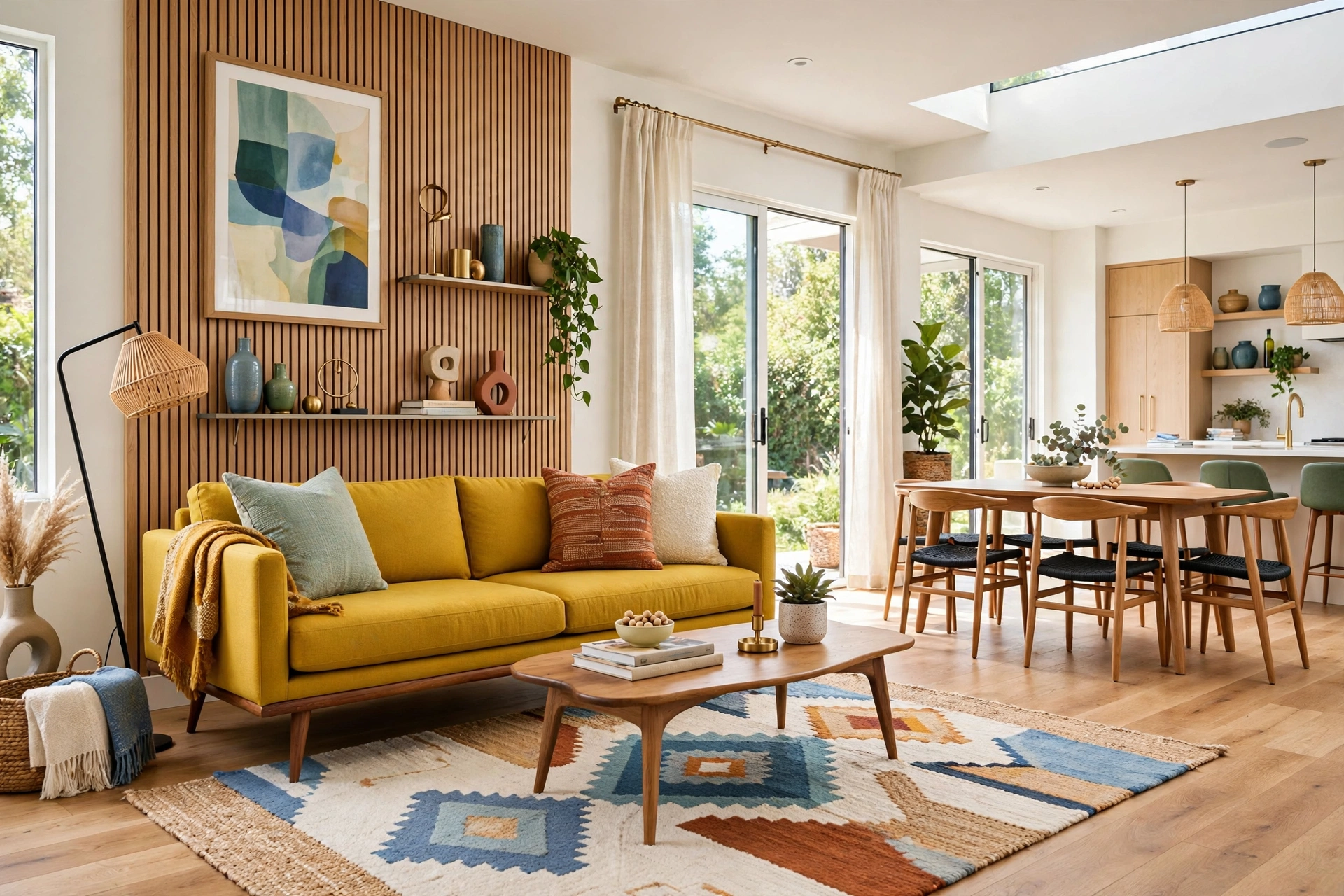 Bright living room with a low-profile mid-century mustard sofa on tapered wooden legs, wide-angle full view