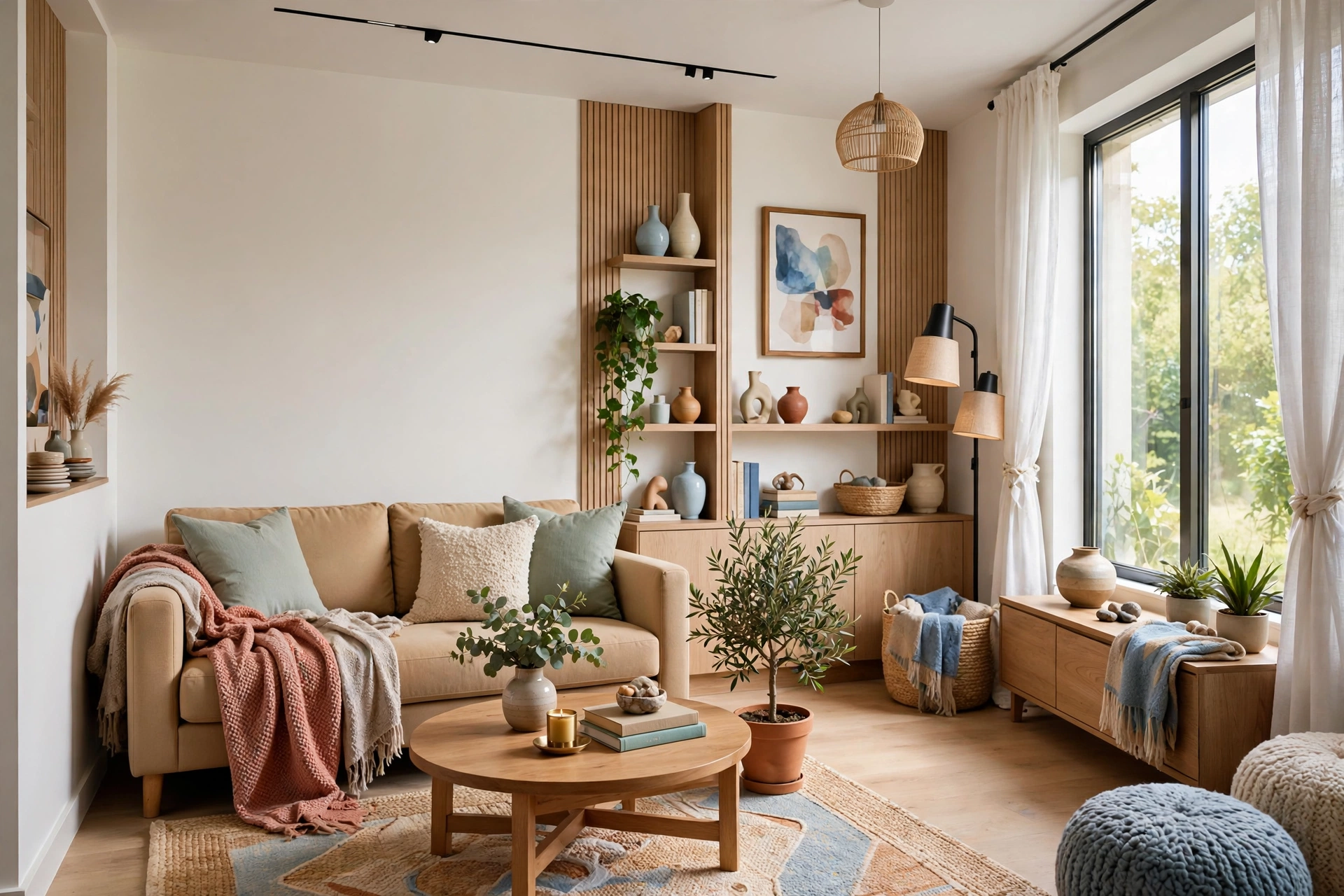 Cozy small living room with a compact warm beige sleeper sofa, entire room visible wall to wall