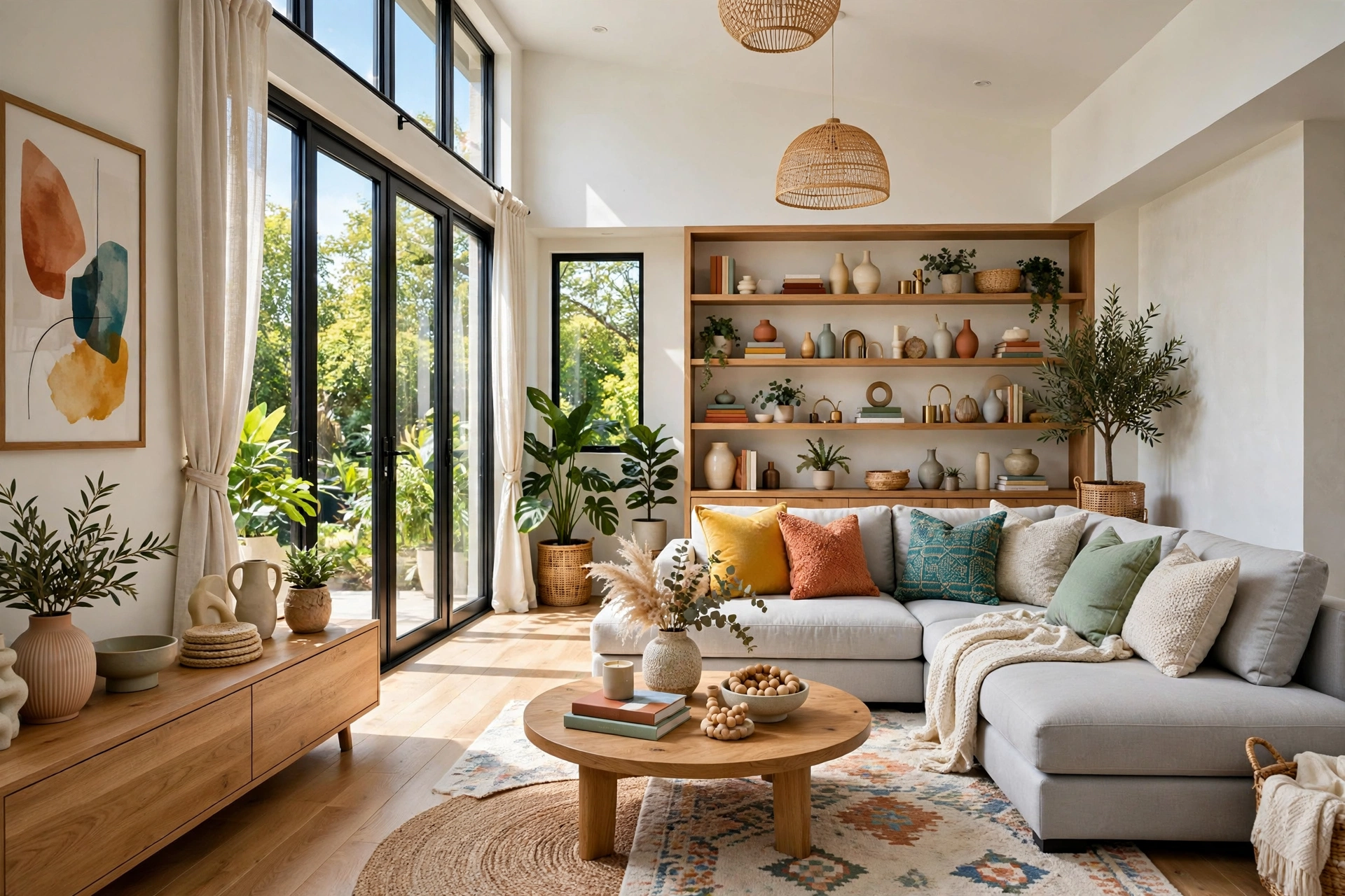 Inviting corner living room with a compact light gray chaise sectional, full room visible