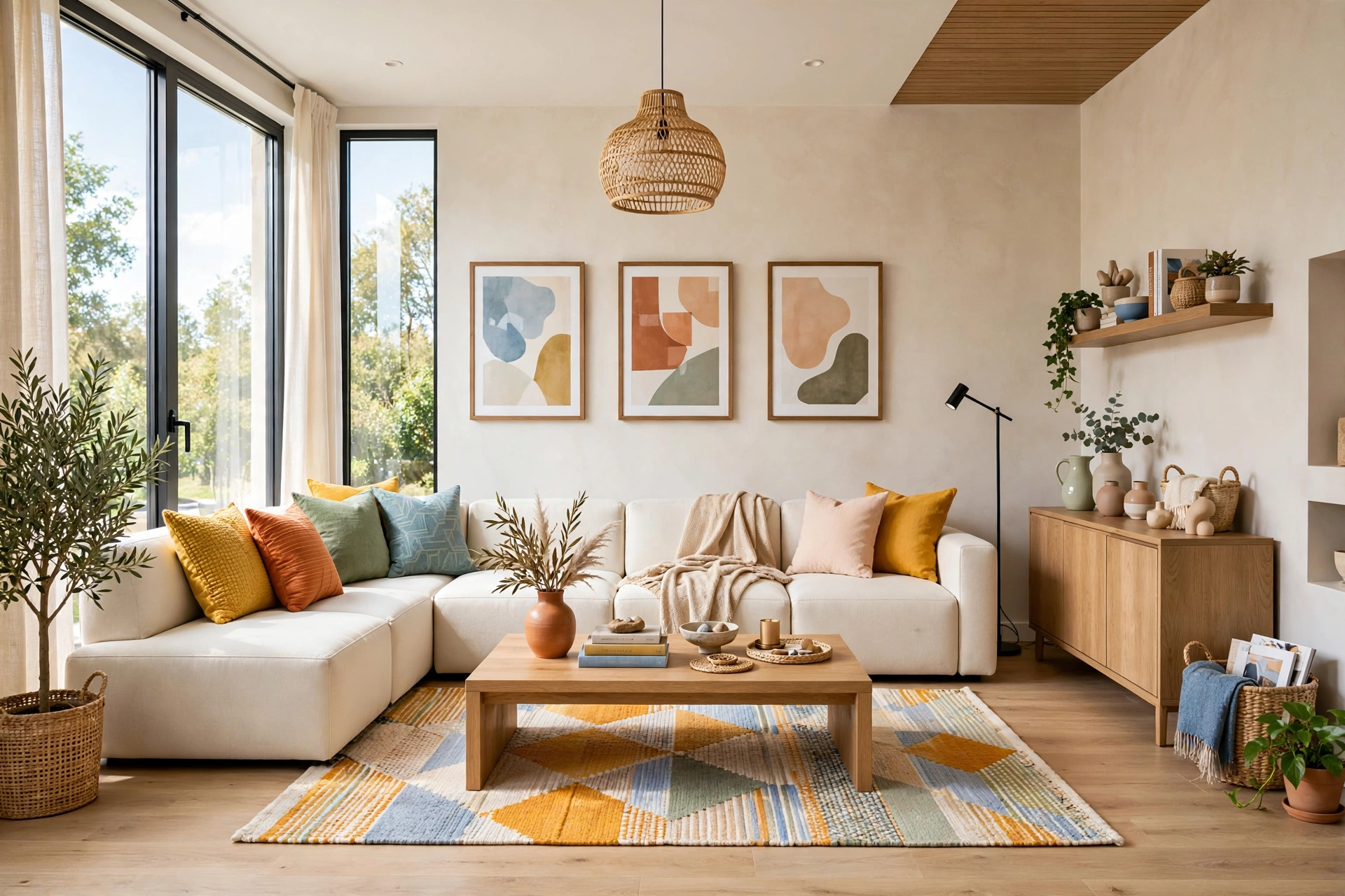 Modern small living room with armless cream modular sofa pieces arranged in a row, wall-to-wall view