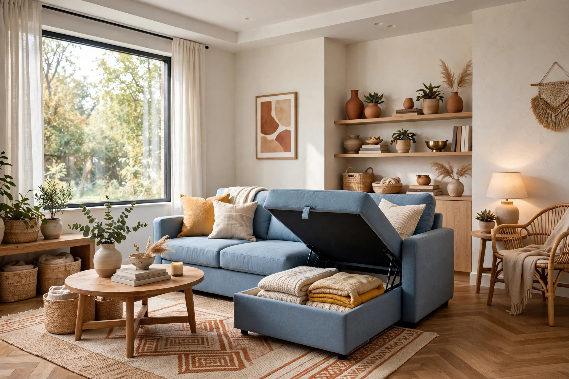 Charming living room with a soft blue storage sofa with lift-up chaise compartment, full view