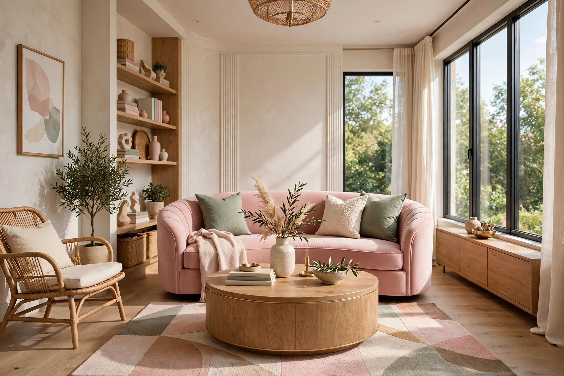 Stylish small living room with a curved blush barrel-back sofa and round coffee table, wide-angle view