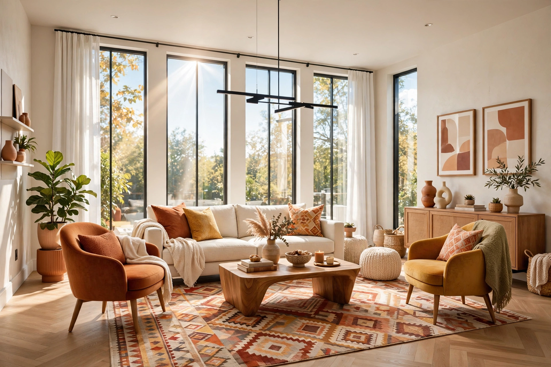 Bright modern living room photographed wall-to-wall, where a large patterned area rug in warm tones anchors a cream sofa, two accent chairs, and a wooden coffee table into one connected seating zone, sunlight streaming through tall windows.