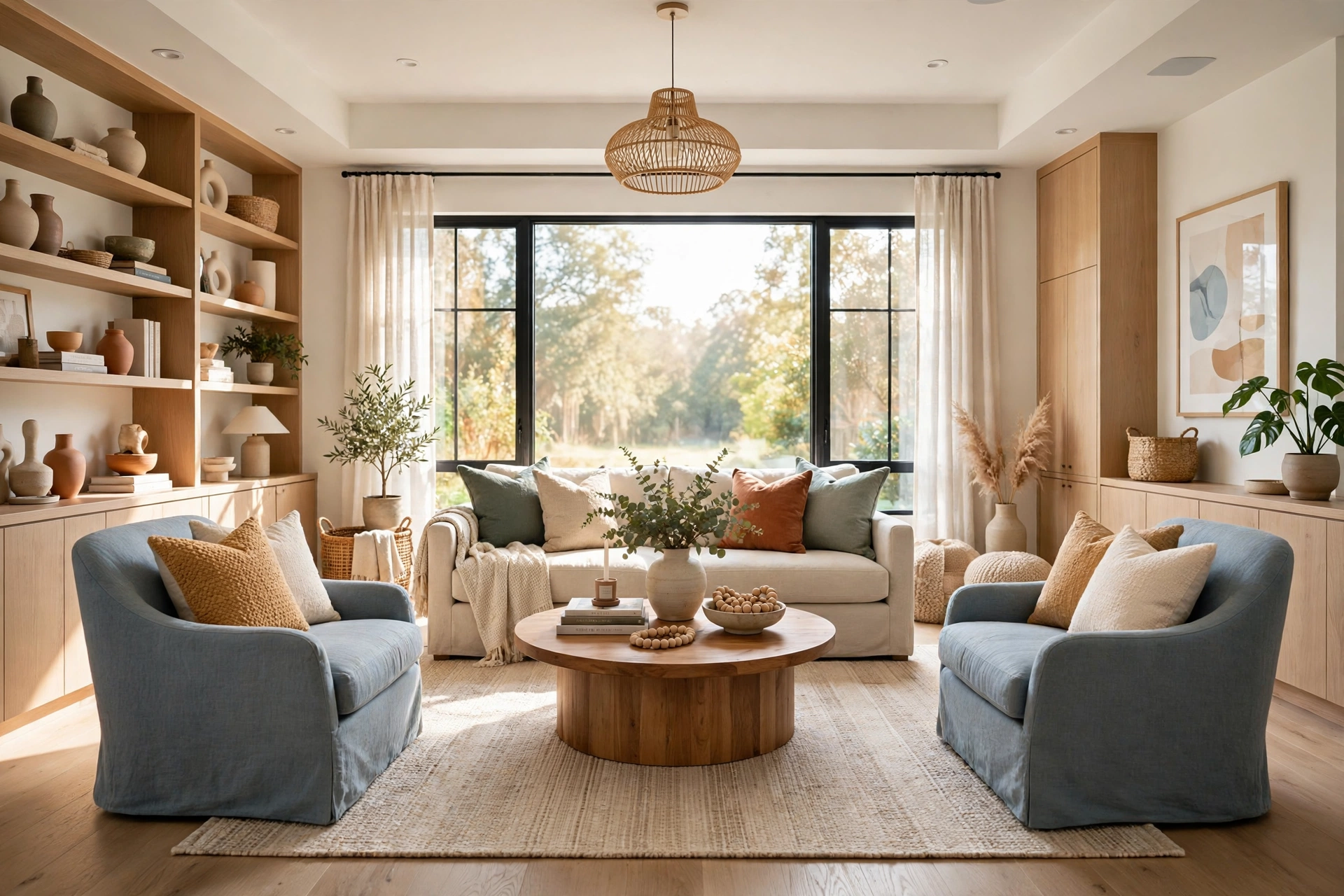 Bright airy living room with full walls visible, low-pile beige flatweave rug grounding a linen sofa and two armchairs around a round wooden coffee table, warm morning light.
