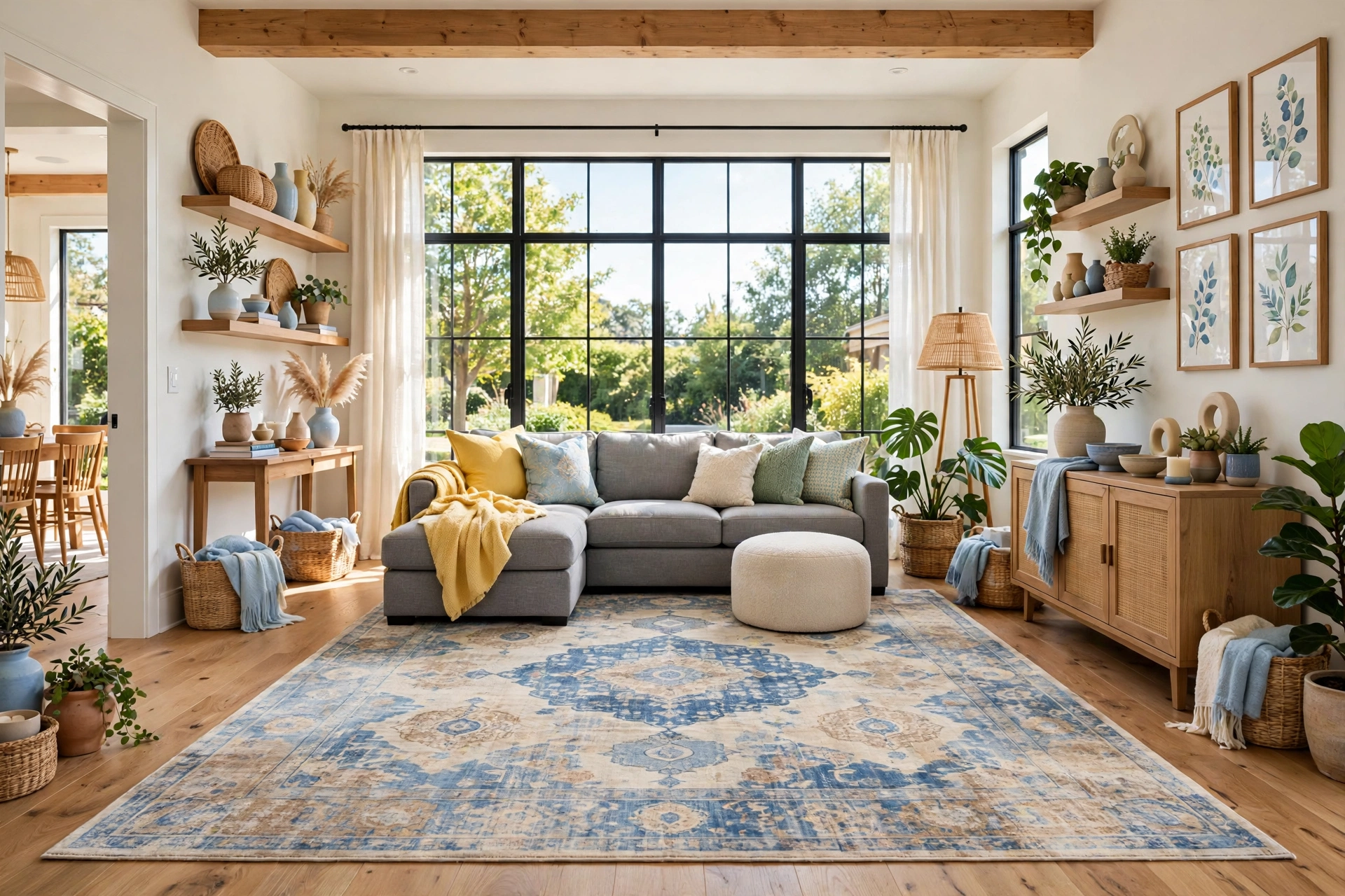 Cheerful family living room seen wall-to-wall, washable vintage-look rug with faded blue medallion pattern under a gray sectional sofa and soft ottoman, bright daylight from large windows.