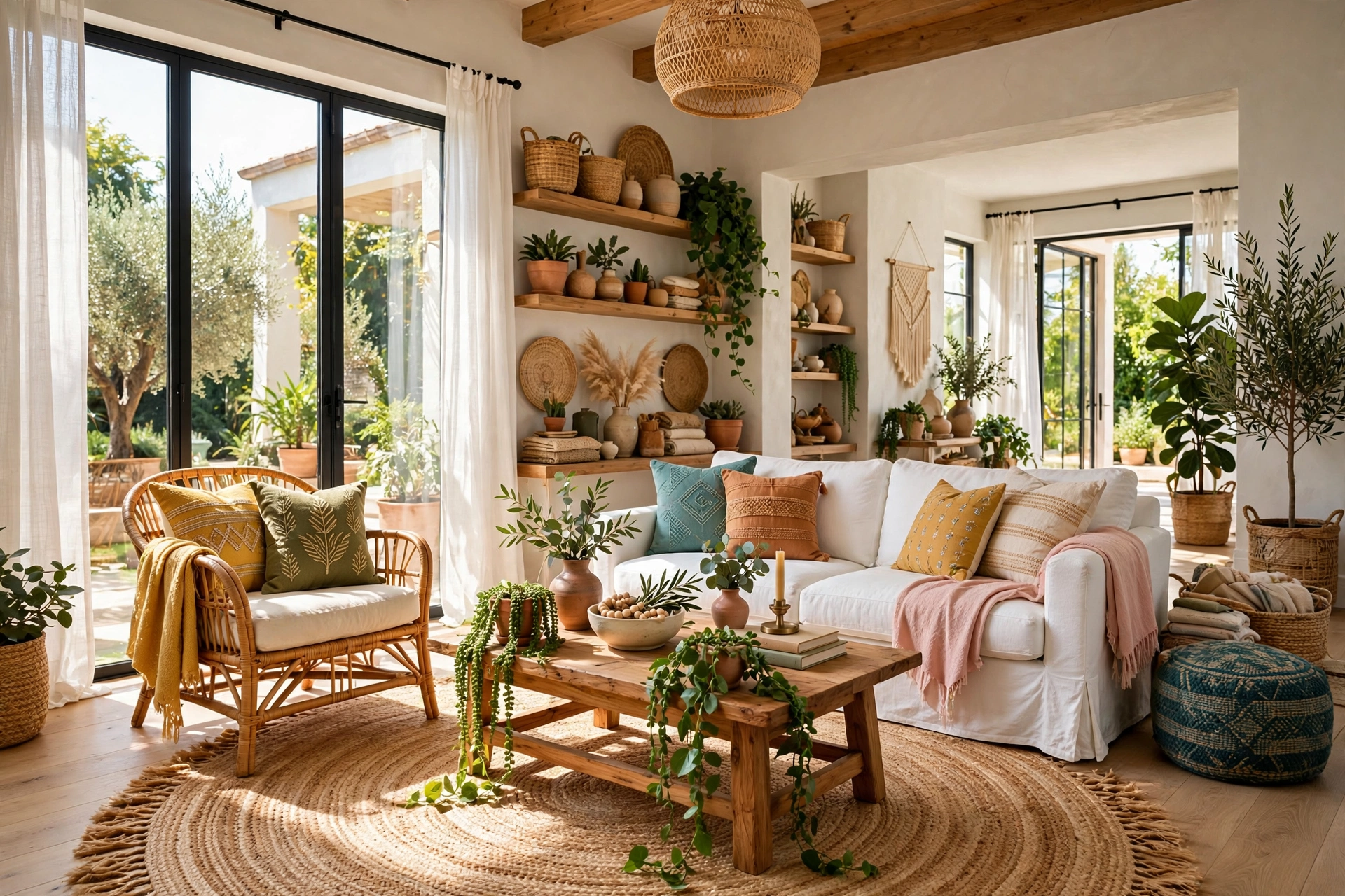 Sunlit bohemian living room with entire room visible, golden jute rug under a rattan armchair, white slipcovered sofa, and wooden coffee table with trailing green plants.