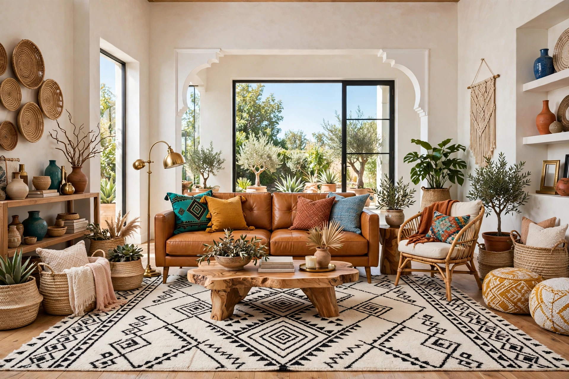 Bright eclectic living room photographed wall-to-wall, Moroccan-inspired ivory rug with bold black geometric lines under a camel leather sofa, brass floor lamp, and woven baskets.