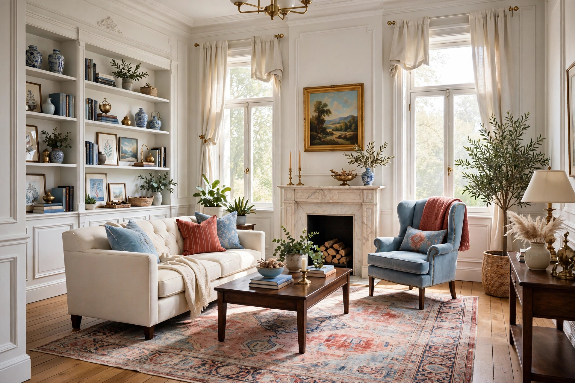 Elegant traditional living room with full walls in frame, distressed Persian-look rug in soft reds and blues anchoring a cream tufted sofa, wingback chair, and dark wood coffee table.