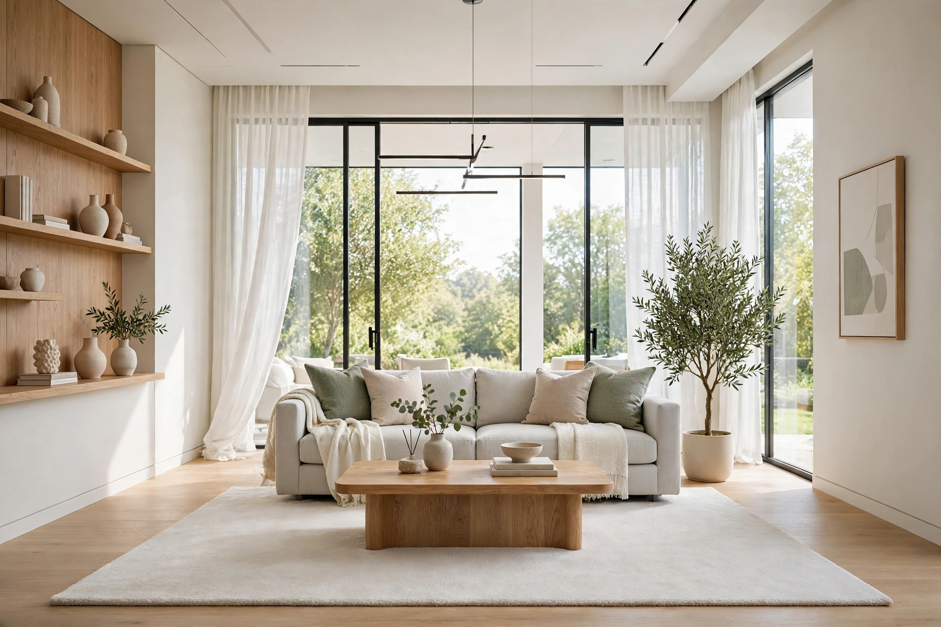 Serene minimalist living room seen wall-to-wall, solid ivory low-pile rug under a light gray modern sofa and oak coffee table, floor-to-ceiling windows with sheer curtains.