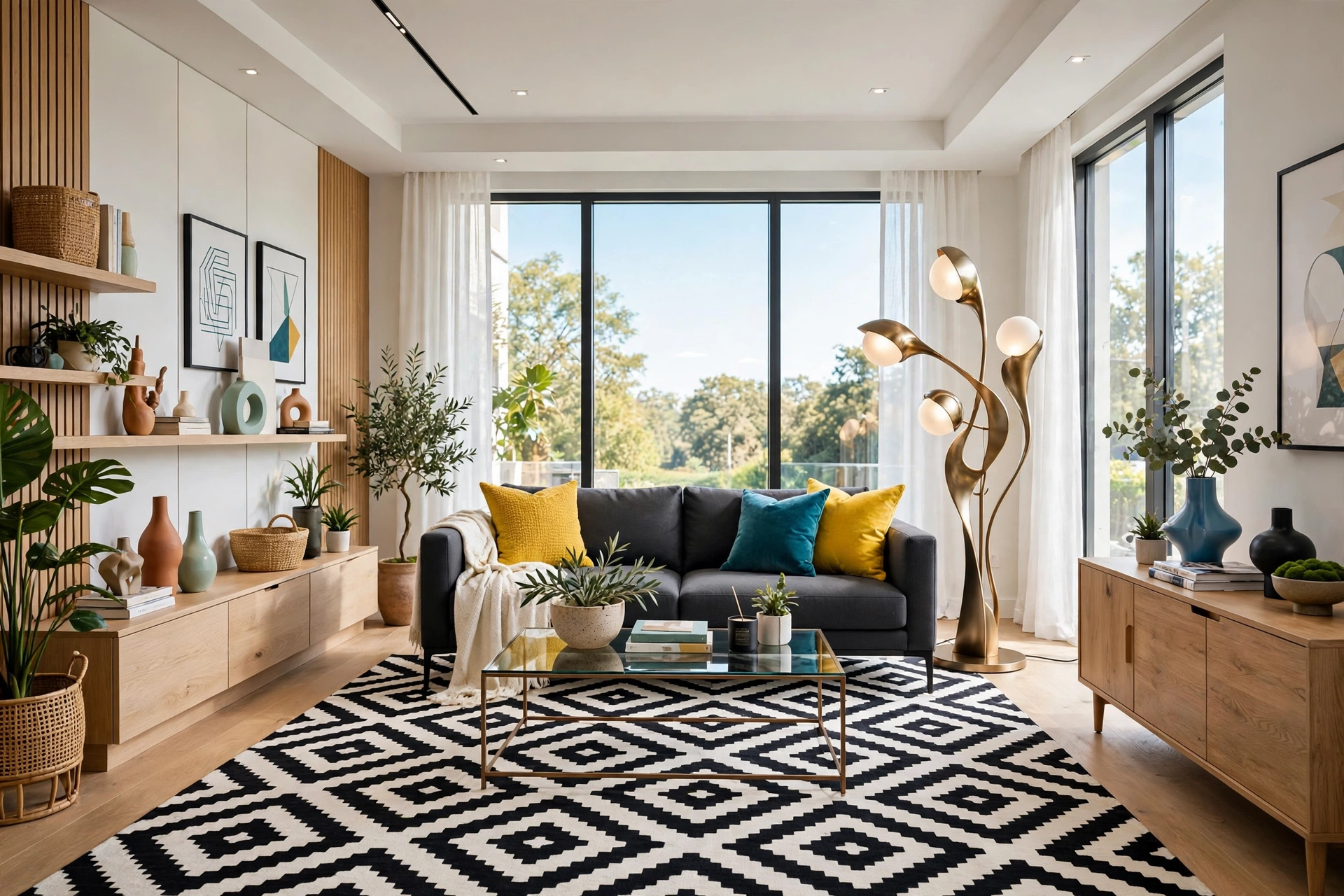 Modern living room with entire space visible, bold black-and-white geometric diamond rug under a charcoal low-profile sofa, glass coffee table, and sculptural floor lamp.