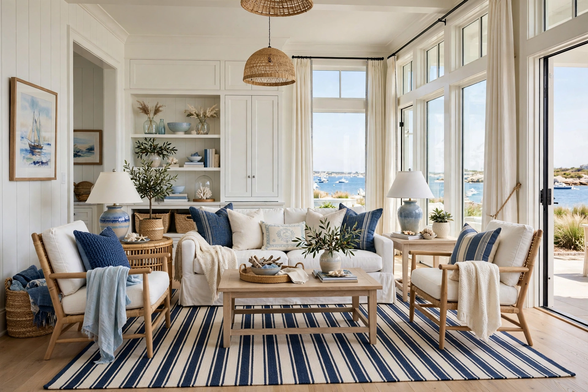 Classic coastal living room photographed wall-to-wall, navy-and-ivory striped flatweave rug under a white slipcovered sofa and light wood armchairs, bright seaside daylight.