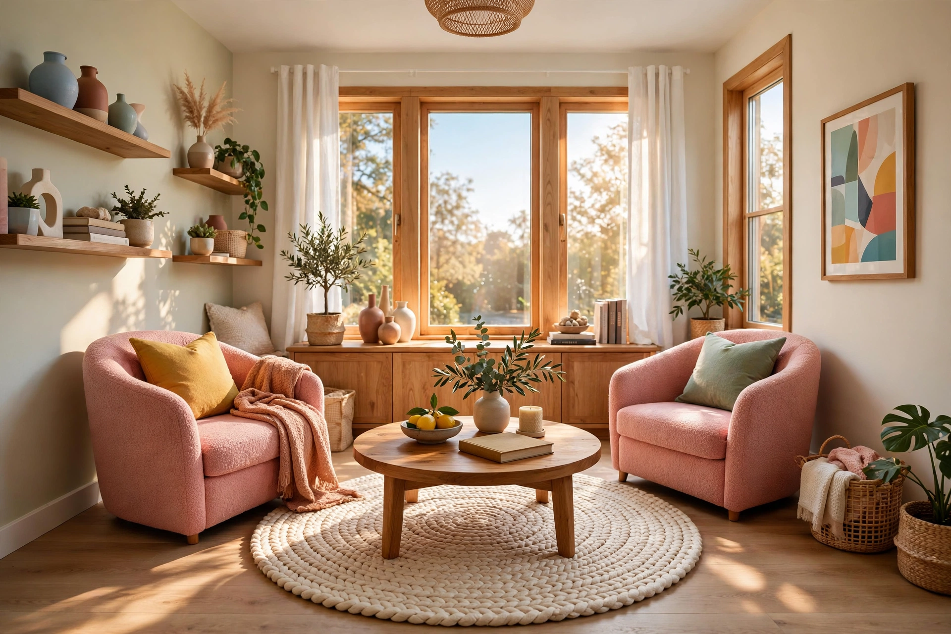 Cozy small living room with full walls visible, round cream braided rug centered under a round wooden coffee table with two curved accent chairs angled inward, warm afternoon light.