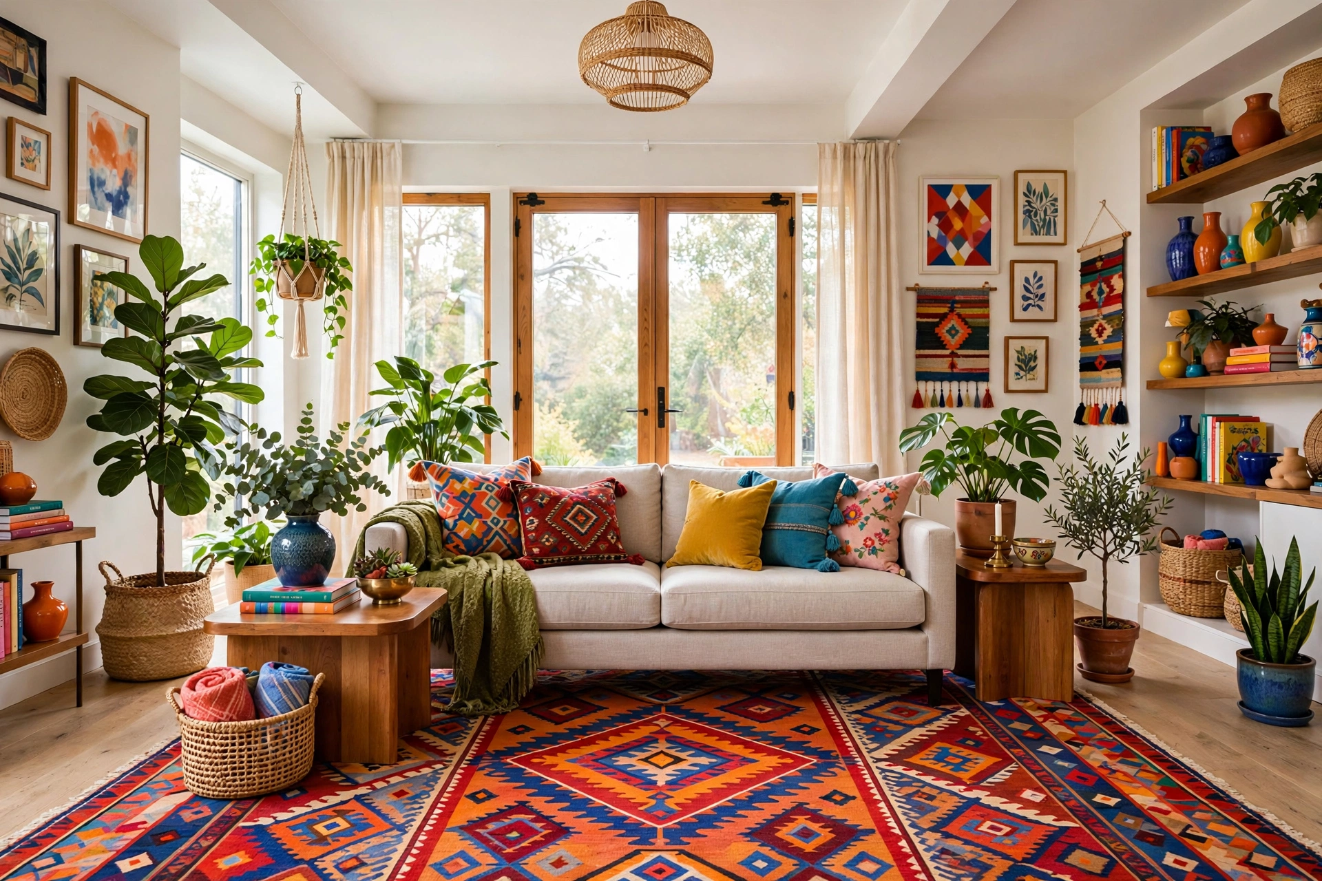 Colorful eclectic living room seen wall-to-wall, kilim-style flatweave rug in red, orange, and blue geometric patterns under a neutral sofa, wood side tables, and leafy plants.