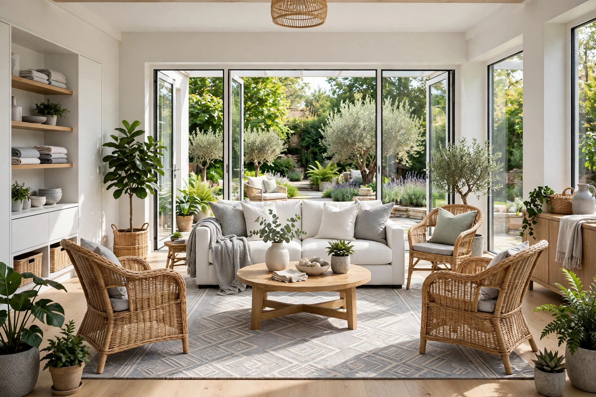 Bright sunroom-style living room with entire room visible, durable indoor-outdoor patterned rug in soft gray tones under a white sofa and wicker chairs, glass doors opening to a garden.