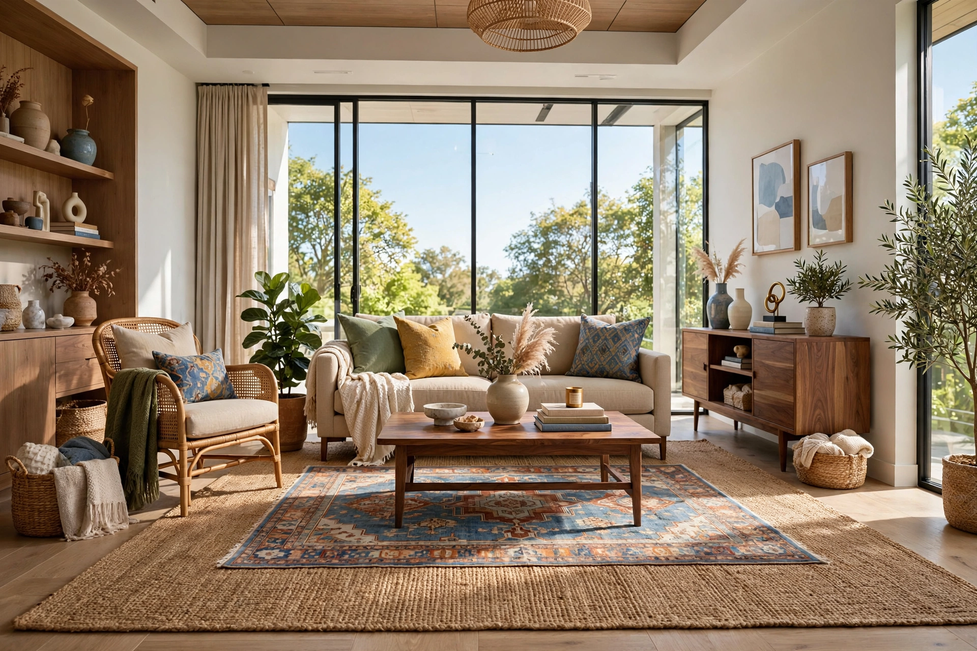 Stylish layered living room photographed wall-to-wall, large natural jute base rug with a smaller vintage-look patterned rug on top under a beige sofa and walnut coffee table, bright daylight.