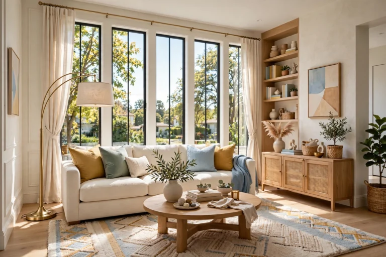 Bright modern living room photographed wall-to-wall with a prominent elegant floor lamp as the hero piece beside a cream sofa, warm daylight streaming through tall windows, styled coffee table and soft area rug.