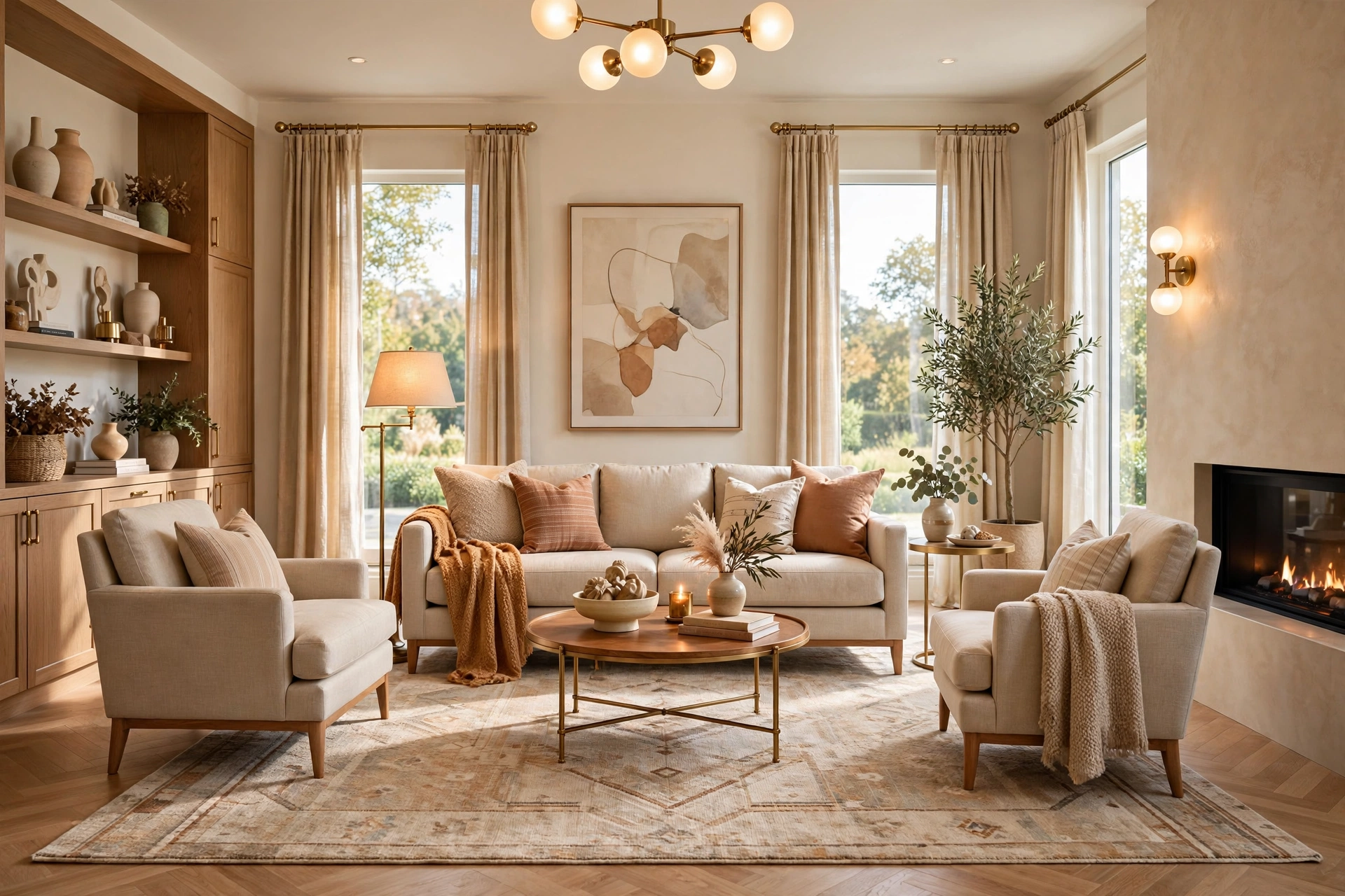 Bright elegant living room with a large properly sized area rug, layered warm lighting, floor-length curtains, and a cohesive warm-neutral palette