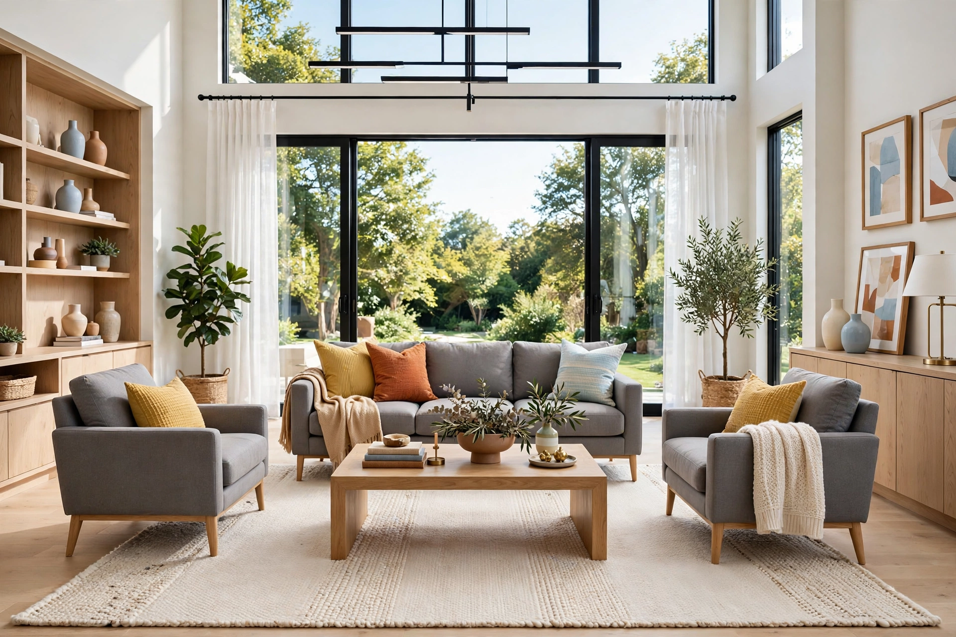 Spacious bright living room with a large area rug anchoring the sofa and armchairs, front legs on the rug